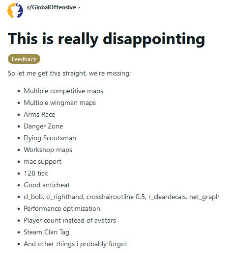 Thread seen on the Official Counter-Strike Reddit with 3.000 Likes. 🤨