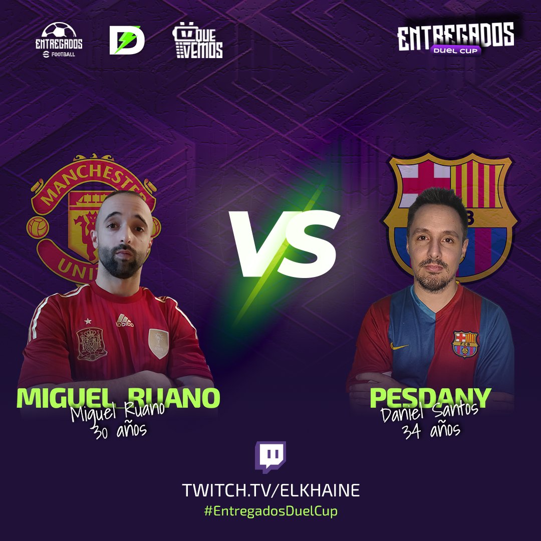 ¡La primera ronda de la #EntregadosDuelCup se cierra con broche de oro! 🏆

<a href="/PESDANY10/">PESDANY</a> y <a href="/Miguel_RuanoPES/">Miguel Ruano</a> se enfrentarán en una partida llena de pasión y fuerza por el #eFootball.  

¿Quién avanzará en el torneo? ¡Haz tu apuestas! 🎮twitch.tv/elkhaine