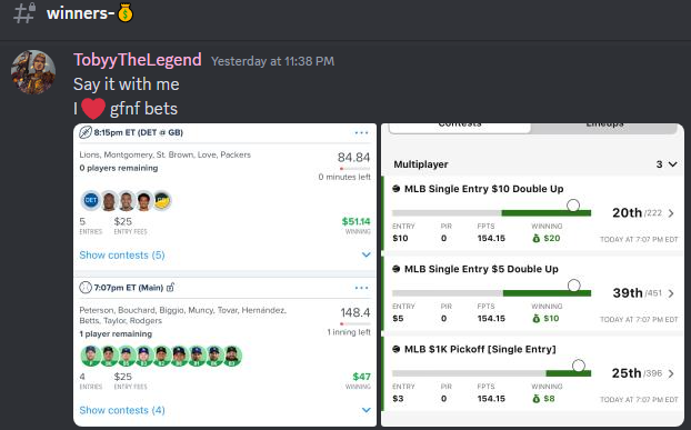 FNFcommunity_'s tweet photo. Last night GFNF Bets recap 👑

5-2 on straight calls ✅
DFS NFL & MLB VIP's all cashed ✅
Fan Duel DFS cashed ✅
1st Touchdown +1200 cashed ✅

LIKE + RETWEET FOR A FREE WEEK OF GFNF BETS 

#dfs #fanduel #sportsbettingpicks