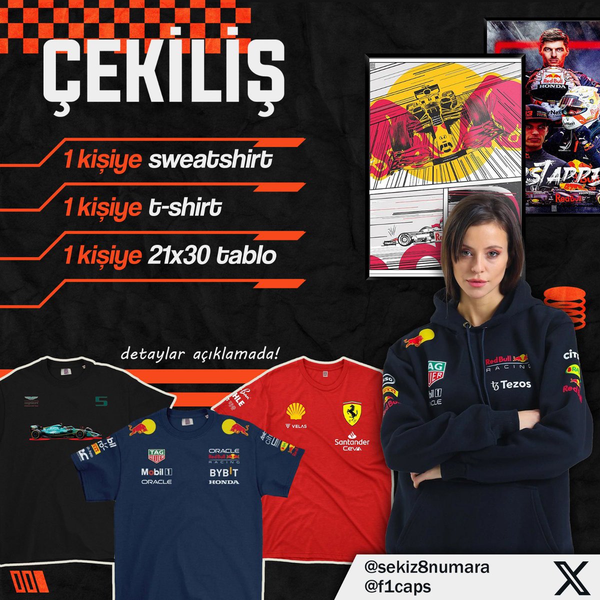 🔥ÇEKİLİŞ🔥

1 kişiye sweatshirt
1 kişiye t-shirt
1 kişiye tablo

Katılmak için;

Bu tweeti RT'leyip <a href="/F1caps/">F1 Caps</a> ve <a href="/sekiz8numara/">Sekiz Numara</a> hesaplarını takip et!

Kazananlar 8 Ekim’de Katar GP sonrası açıklanacak.