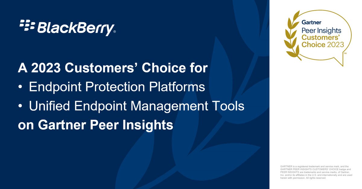 💬 Customers have spoken...again! 

#BlackBerry named a 2023 Customers’ Choice for both Endpoint Protection Platforms and Unified Endpoint Management (UEM) Tools by Gartner® Peer Insights™. 

Learn more: blck.by/46qyYHT