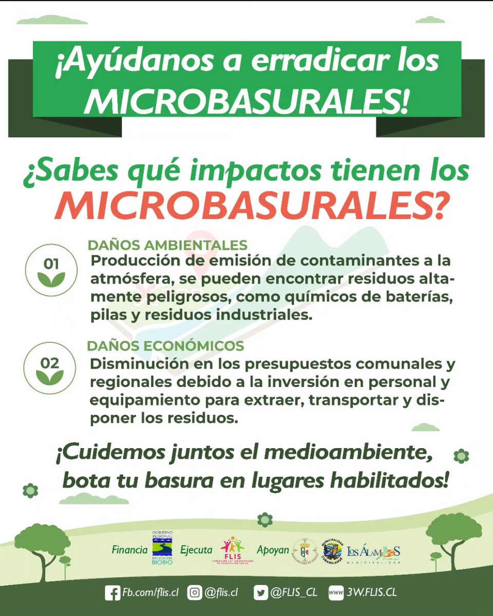 FLIS_CL's tweet photo. ¿Sabías que los #microbasurales generan un grave impacto en la comunidad? 
Entre ellos encontramos:
⚠️Daños ambientales 
⚠️Daños económicos
⚠️Daños en la salud
⚠️Daños sociales
♻️ ¡Cuidemos juntos el #medioambiente! 
Bota tu #basura en lugares habilitados.
Financia @gorebiobio https://t.co/6pEiWFdzIa