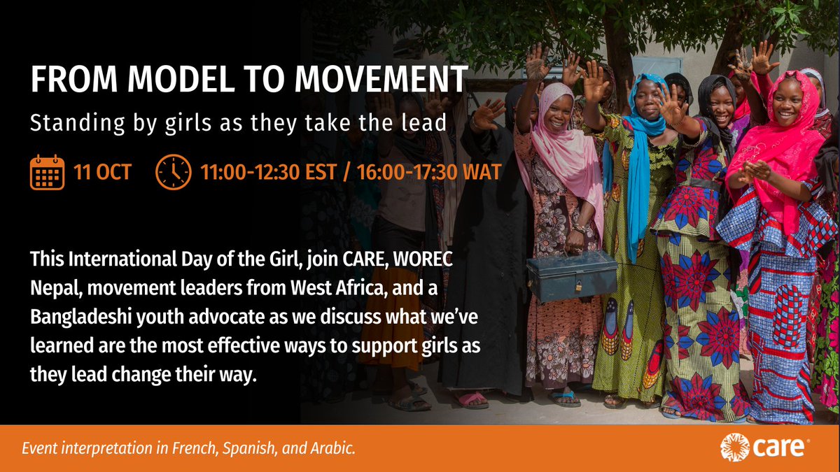 This #InternationalDayOfTheGirl, join CARE, @worecnepalorg, movement leaders from West Africa, and a Bangladeshi youth advocate as we explore how an adolescent empowerment model is bringing girls’ voices to locally-led movements for change. 👉🏾Register now: bit.ly/3PzPuyd