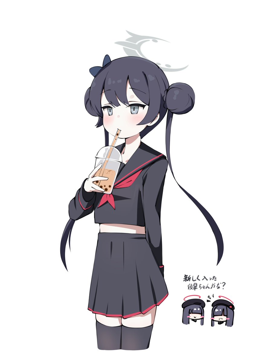 multiple girls school uniform bubble tea thighhighs halo drinking straw hair bun  illustration images