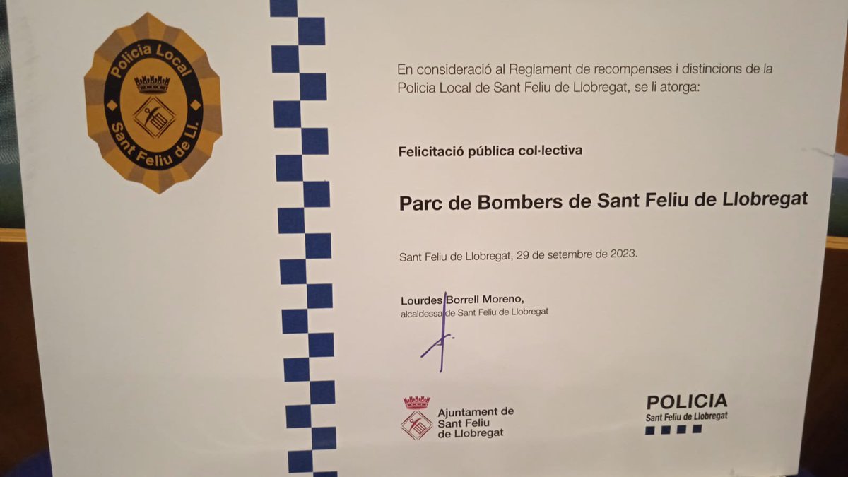 Agraïm a la Policia Local i a l'Ajuntament de Sant Feliu de Llobregat per aquesta felicitació i reconeixement al Parc de Bombers

<a href="/ajsantfeliu/">Ajuntament de Sant Feliu de Llobregat</a>
