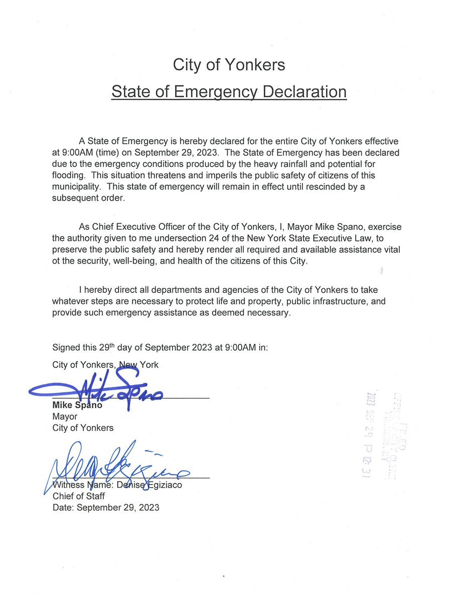 Mayor Mike Spano today announced that he has issued a state of emergency in the City of Yonkers, effective immediately, due to effects of today’s heavy rains and flooding.