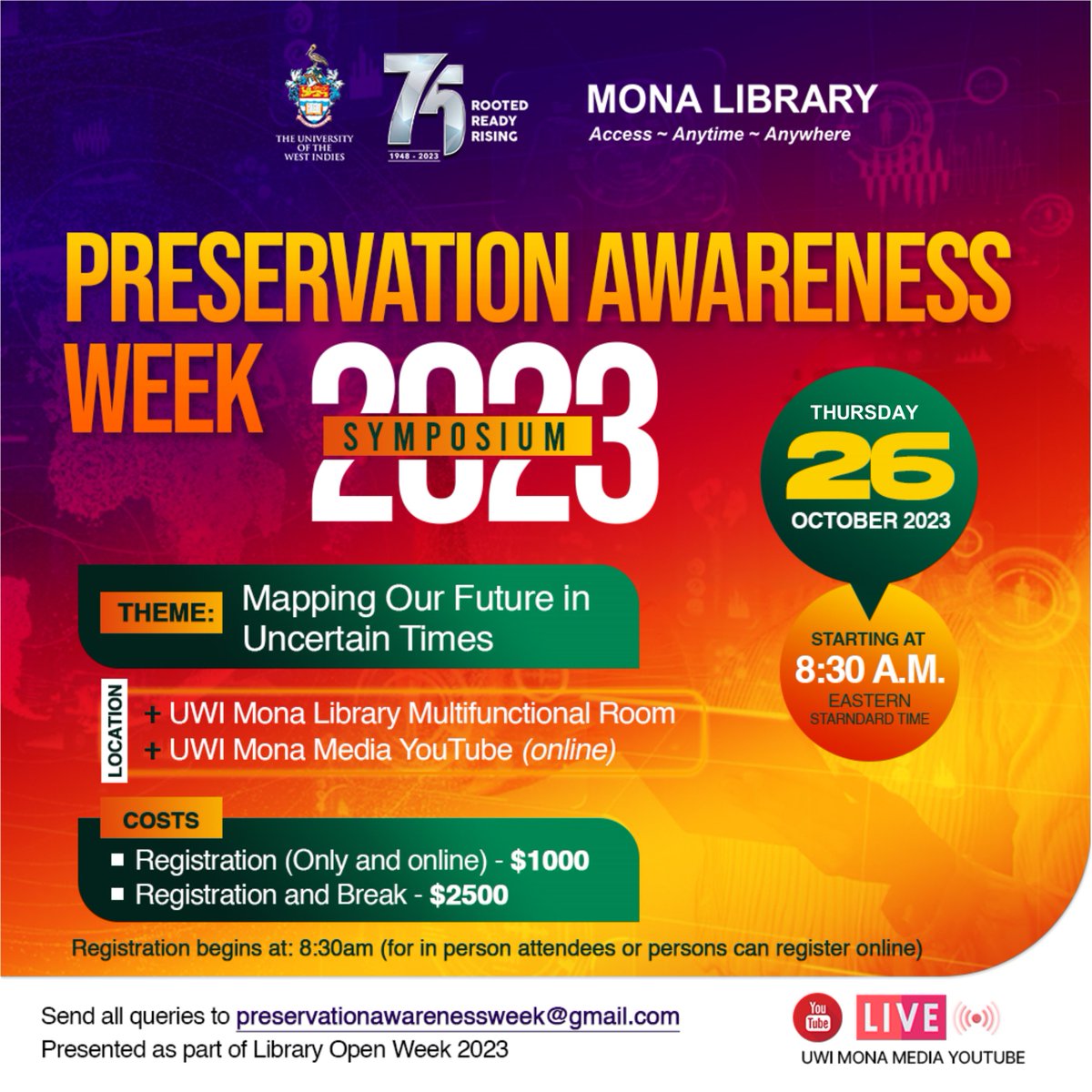 The Main Library of The UWI, invites you all to attend our Preservation Awareness Week Symposium on October 26th. Please see the flyer below for further details. To register for the Symposium: forms.gle/MS7TYrrH4FpgUv…