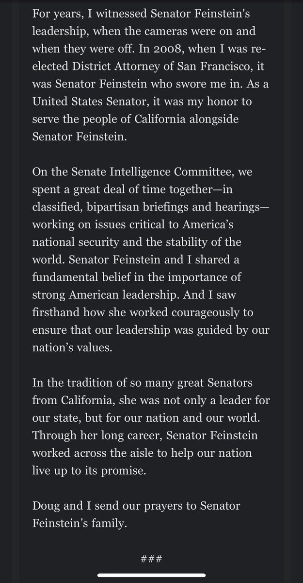 Statement from <a href="/VP/">Vice President JD Vance</a> on the passing of Senator Dianne Feinstein