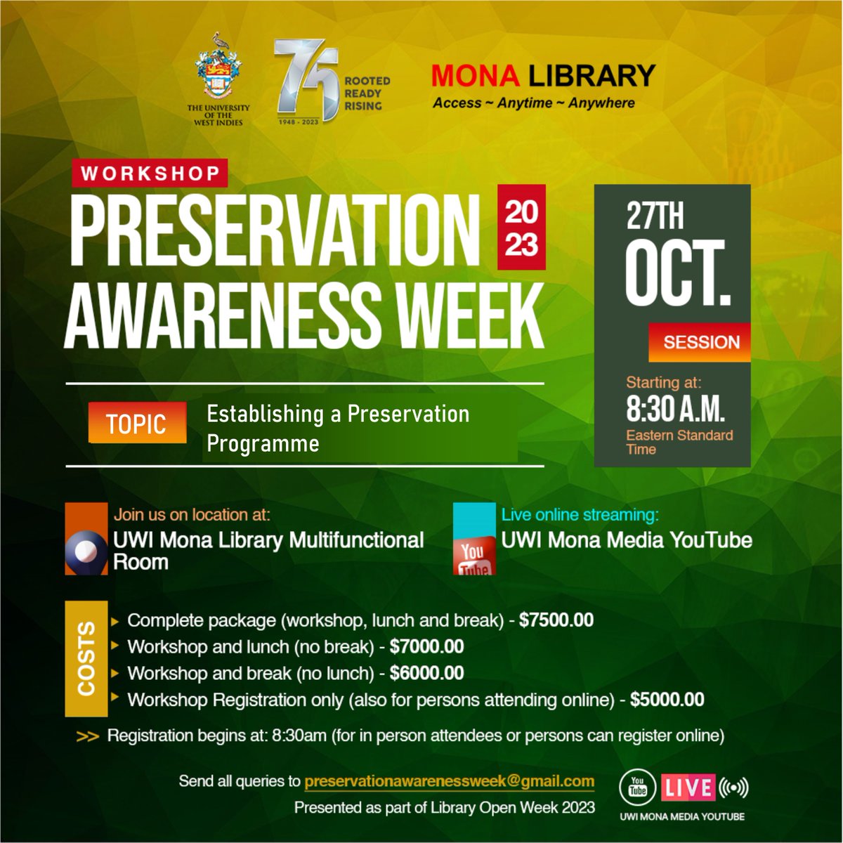 The Main Library of The UWI, invites you all to attend our Preservation Awareness Week Workshop on October 27th. Please see the flyer below for further details. To register for the Workshop: forms.gle/cGzsh9mWSunPBA…
