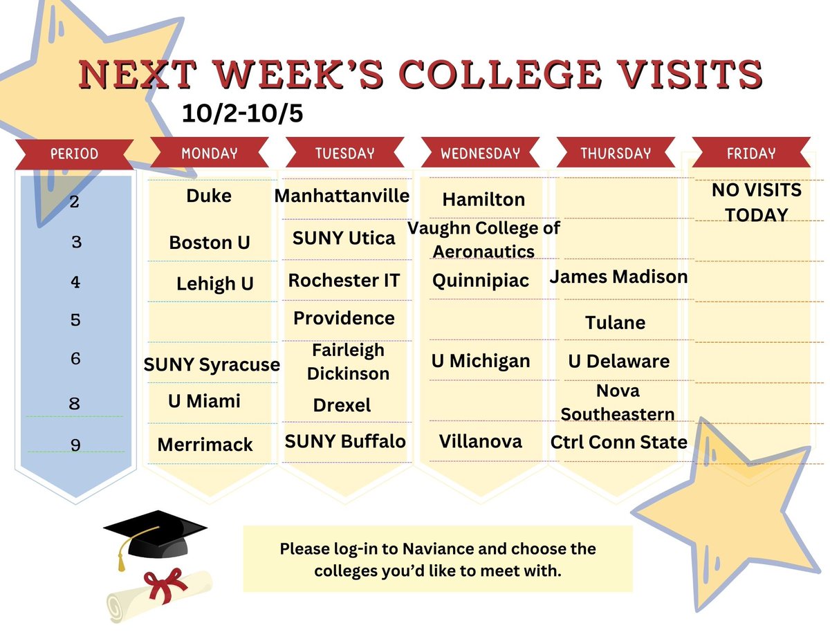 SENIORS! Next week's visits are packed with colleges eager to speak to you🎓How many are you interested in? Log in to Naviance and book your spot today. Don't miss out 🎓#ewlearns <a href="/WheatleySchool/">The Wheatley School</a> <a href="/WheatleyPTO/">The Wheatley PTO</a> <a href="/EastWillistonSD/">East Williston UFSD</a>