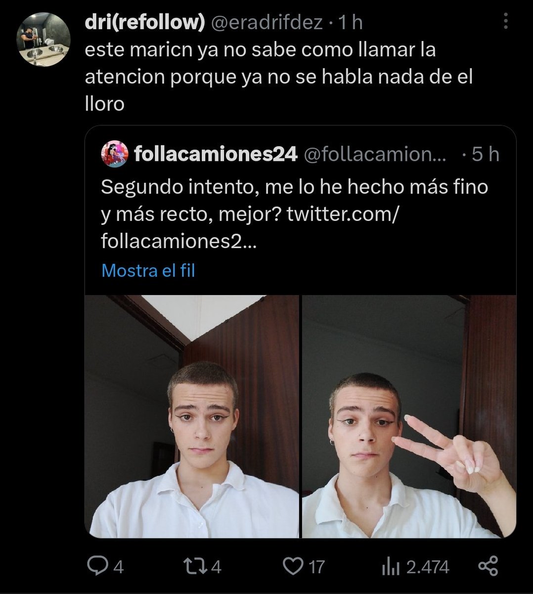 follacamiones24's tweet photo. Hoy ha sido el día q más veces me han llamado maricon en mi vida y solo he subido dos fotos con eyeliner. Es agotador existir y ver una oleada de gente q no te conoce insultandote. He leído cosas feísimas. No tengo energía para seguir contestando a nadie. Yo me voy, ya nos vemos https://t.co/gqS5WmHw94