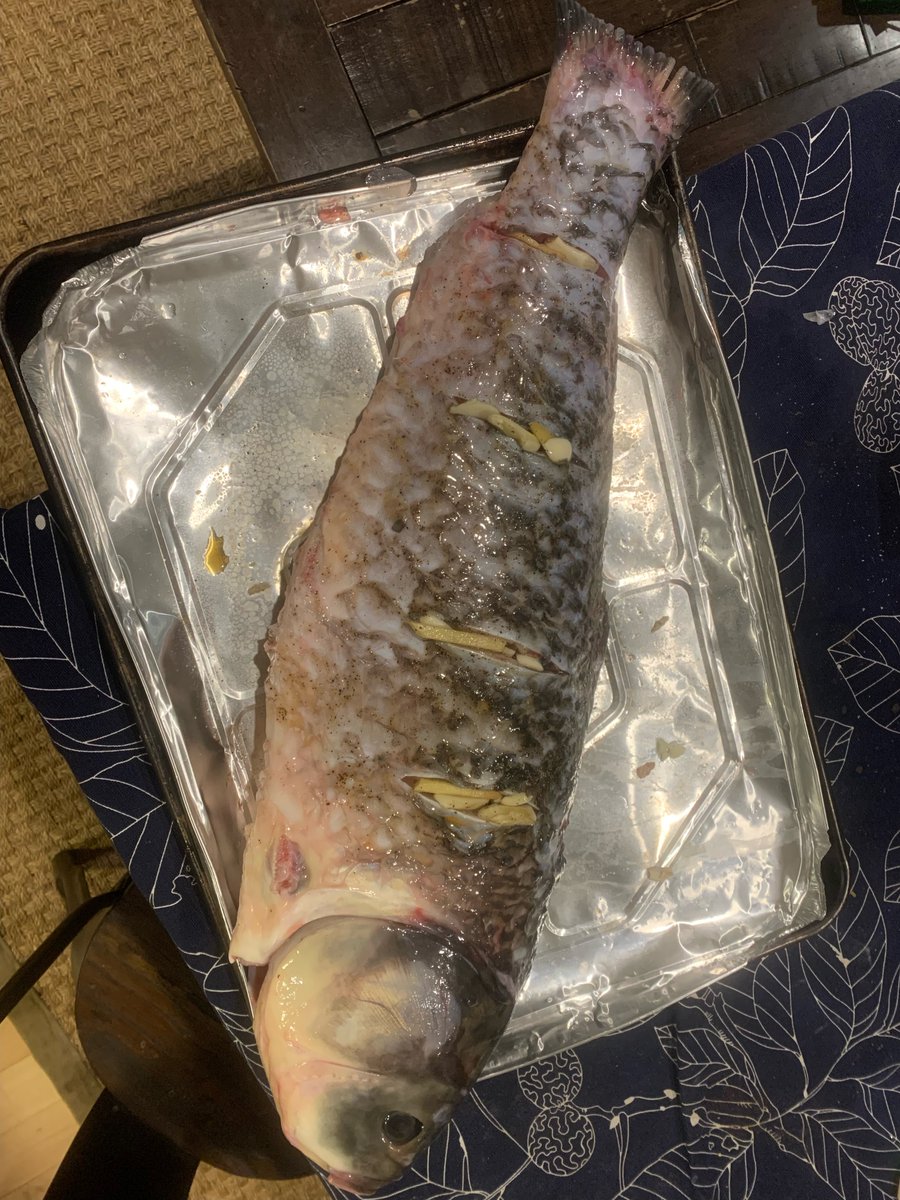 Buffalo fish marinating.