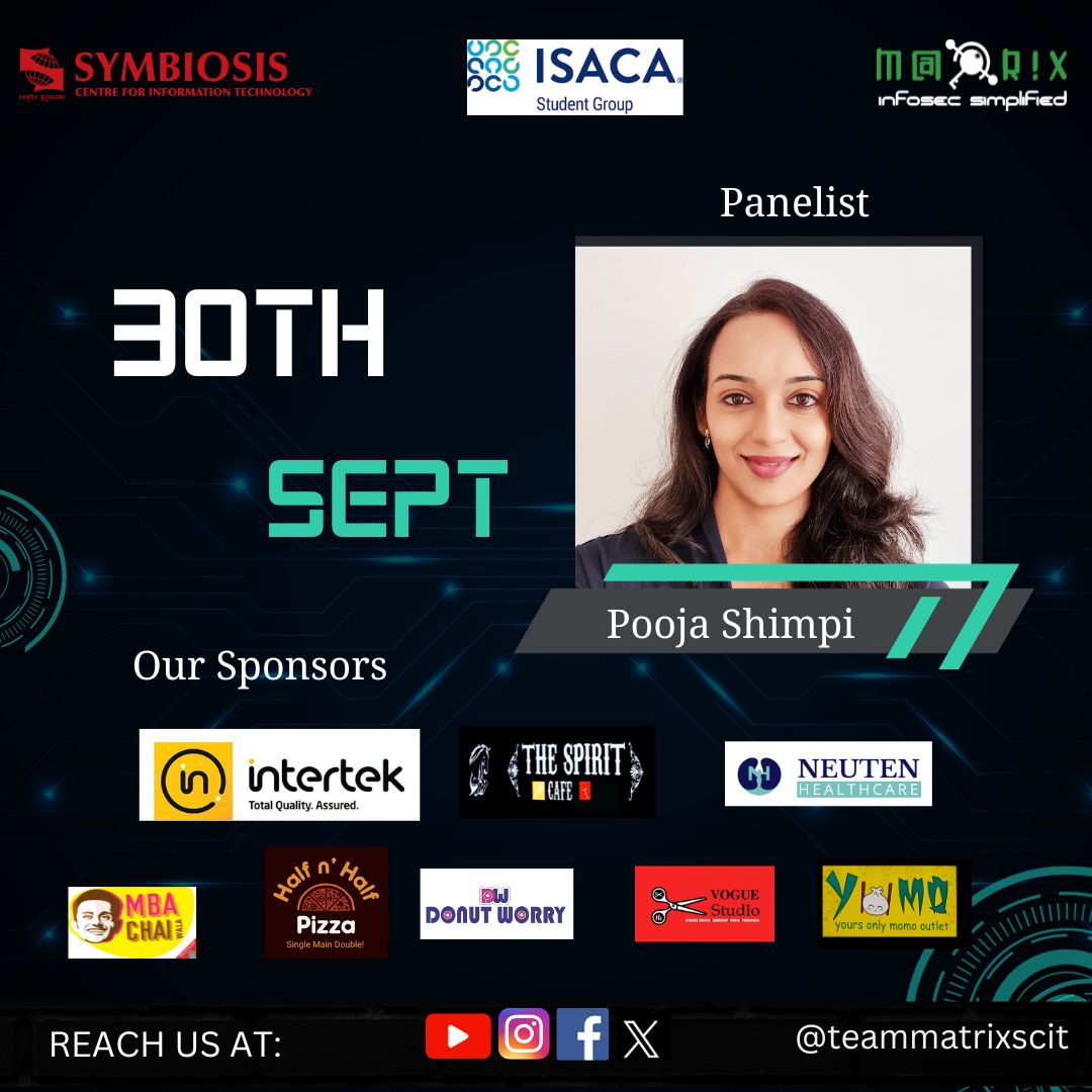 teammatrixSCIT's tweet image. Pooja Shimpi, Founder and CEO of SyberNow, is a renowned cybersecurity expert globally recognized for advocacy and speaking engagements at prestigious events. She&apos;s a prominent figure in the cybersecurity field. Catch her at CSAM&apos;23 Panel Discussion.

 #CSAM23 #PrivacyUnplugged