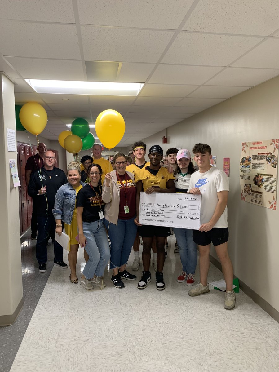 FHSchools's tweet photo. What a great week for these Spartans!! Not only is it Turpin's Homecoming, but these teachers and staff received a visit from the Prize Patrol for winning grant money from @fhfeorg! Congratulations! 👏👏 https://t.co/JZCC4TST2M