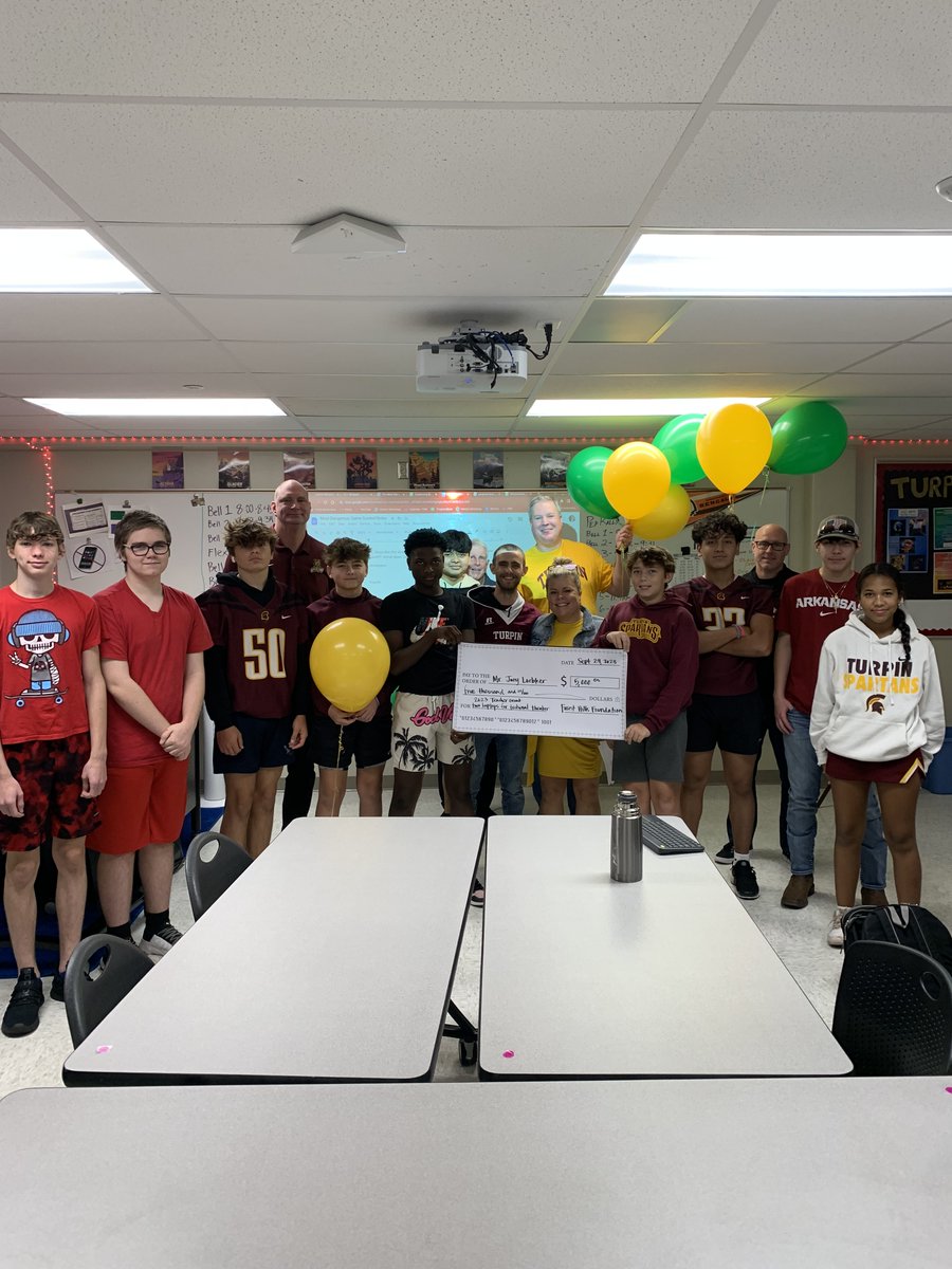 FHSchools's tweet photo. What a great week for these Spartans!! Not only is it Turpin's Homecoming, but these teachers and staff received a visit from the Prize Patrol for winning grant money from @fhfeorg! Congratulations! 👏👏 https://t.co/JZCC4TST2M