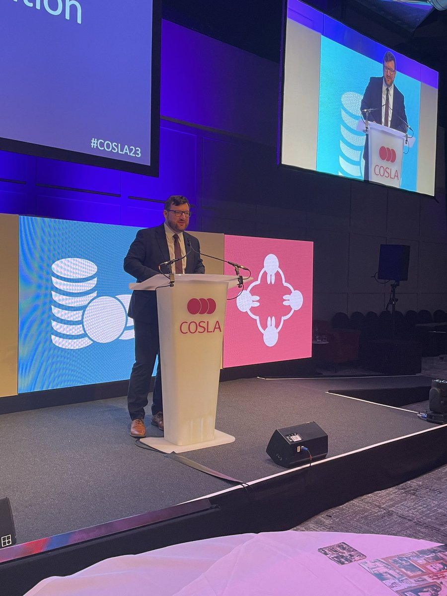 COSLA's tweet photo. The five cross party Spokespeople updated the full @COSLA Convention on their wide ranging portfolios earlier today at #COSLA23.  Here is @cllrpaulkelly our Health and Social Care Spokesperson #COSLA23 https://t.co/ydAs3HbBhf