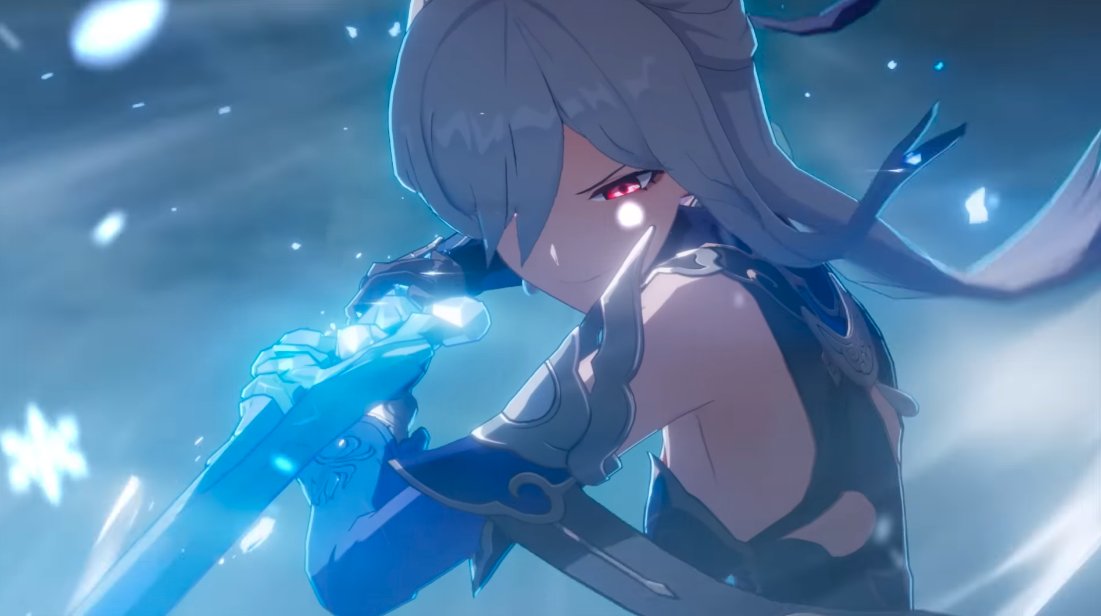 LeeandLie's tweet photo. "It is time to say goodbye"❄️⚔️

(Jingliu crumbs in the latest trailer!!) I love my ice lady she's so much fun to voice~ Hope you look forward to the 1.4 update! https://t.co/ityu1HrN8G