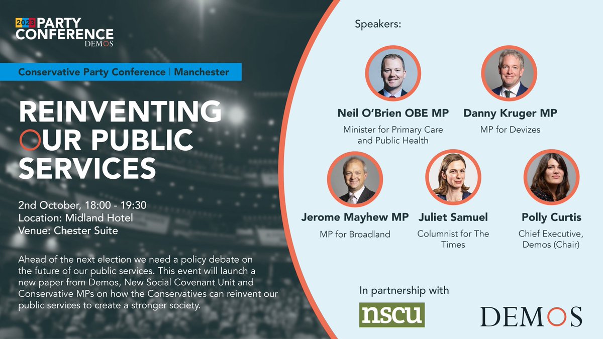 📅Join us on Monday, we'll be closing out our Conservative party conference programme with
<a href="/NeilDotObrien/">Neil O'Brien</a>, <a href="/danny__kruger/">Danny Kruger</a>, <a href="/JeromeMayhew/">Jerome Mayhew</a> and <a href="/CitySamuel/">Juliet Samuel</a> as we discuss how the Conservatives can reinvent our public services.

See you there!