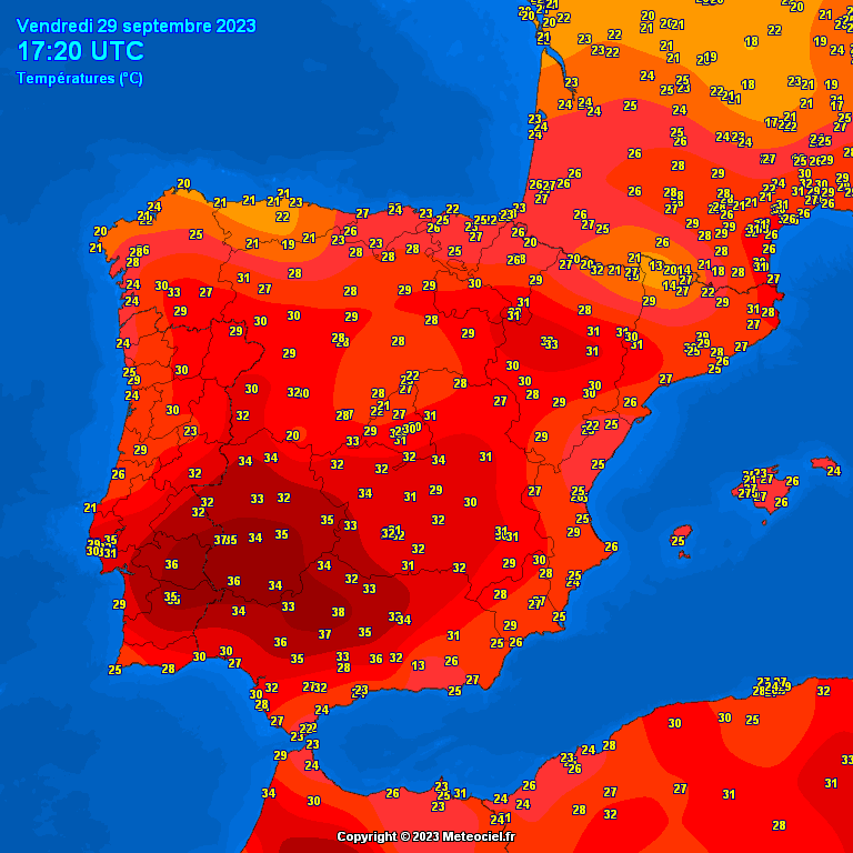 Europe is about living one of the most extreme events in history:thousands of October records will be trounced in Spain,Portugal,France,Benelux,Germany,Switzerland,Austria,...

Today 38.9C at El Granado,Spain,38.3C Alcacer do Sal,Portugal,35.5C Argeliers,France
It's just starting