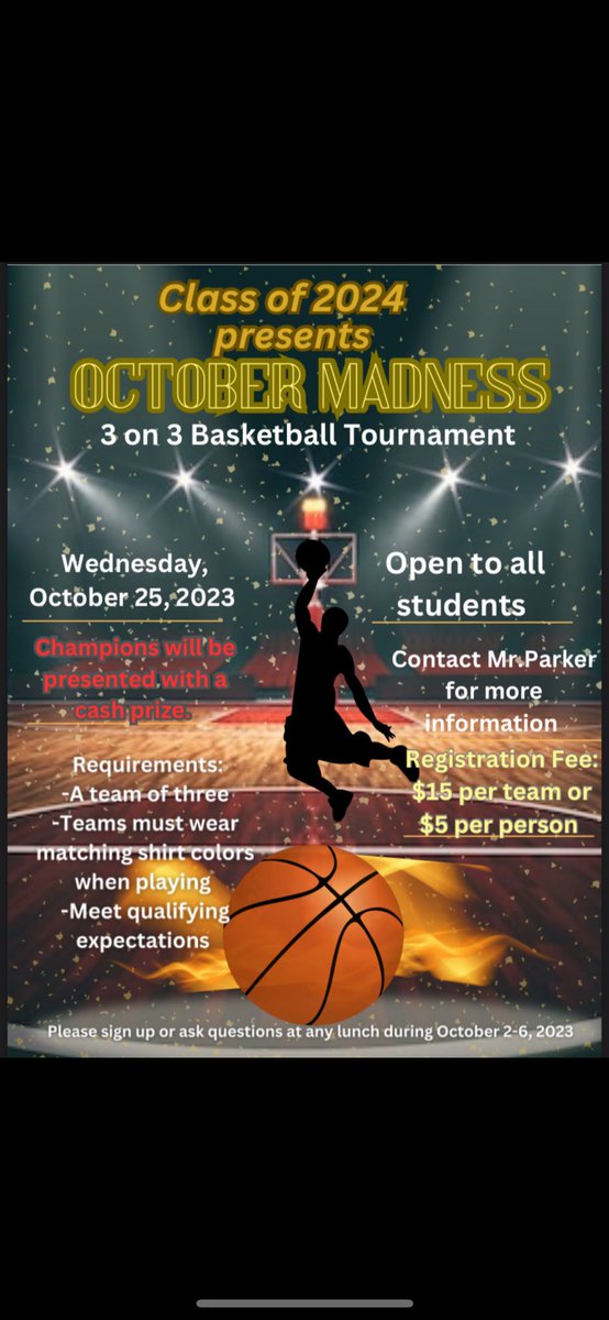 🎉 Exciting news, Class of 2024! Get ready for October Madness! 🍁🏀 Contact Mr. Parker for all the juicy details. Let's soar high, EAGLES! 🦅 #ClassOf2024 #OctoberMadness #GoEagles