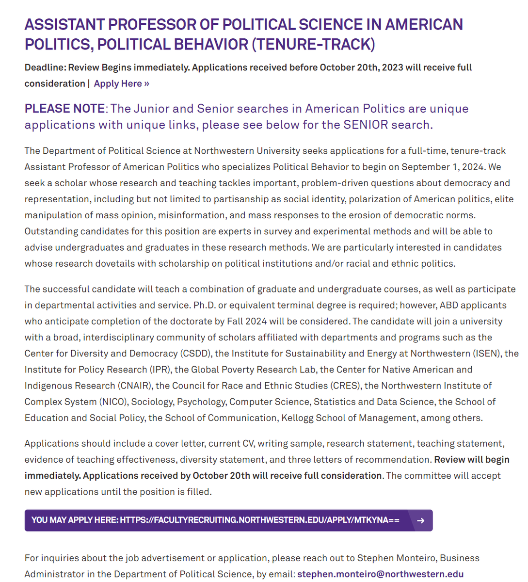 The Dept of Political Science at Northwestern University seeks applications for a full-time, tenure-track Assistant Professor of American Politics who specializes Political Behavior. Review begins immediately, Deadline Oct 20th #PoliSciJobs #psjminfo polisci.northwestern.edu/about/faculty-…