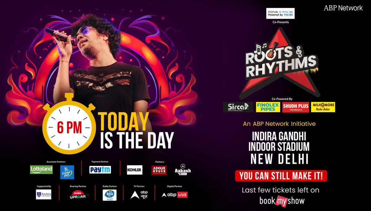 ABPNews's tweet photo. Delhi, are you ready to sway with Papon on a soulful evening!
Performing LIVE at 'Roots & Rhythms' Today.
ONE LAST CHANCE to grab your tickets on BookMyShow ! - https://t.co/HilxZgO9MK
@paponmusic #RootsAndRhythms #ABPNetwork #roarwithsimba @creambellindia https://t.co/Oc5CWvk5gS