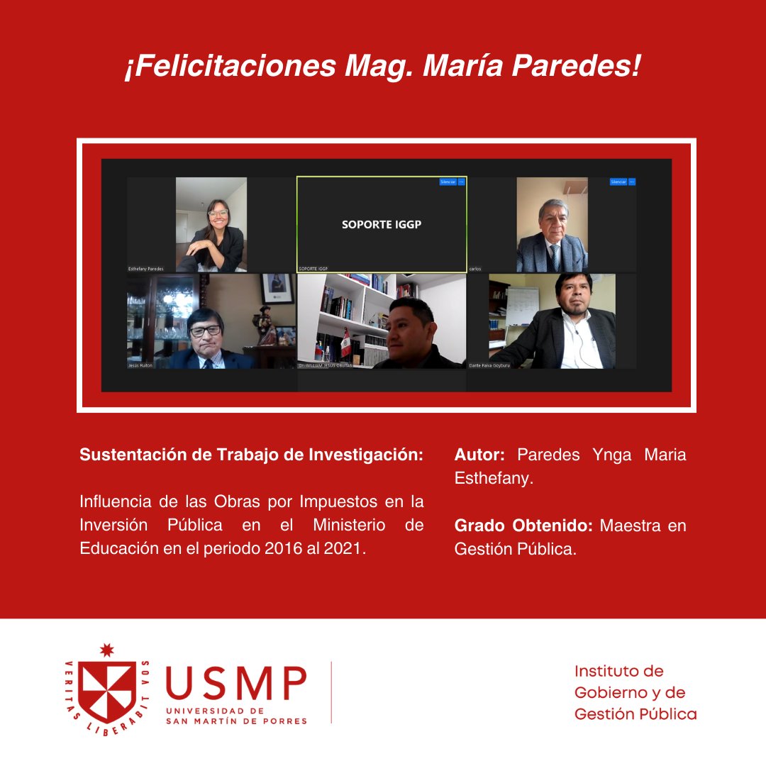 IGGP_USMP's tweet photo. Nos alegra mencionar que el día 21 de setiembre de 2023 nuestra alumna Paredes Ynga Maria Esthefany sustento su Trabajo de Investigación obteniendo el resultado de aprobada - Maestra en Gestión Pública.
¡Felicitaciones Magister!
#IGGP
#USMP https://t.co/8sGOZIExWp