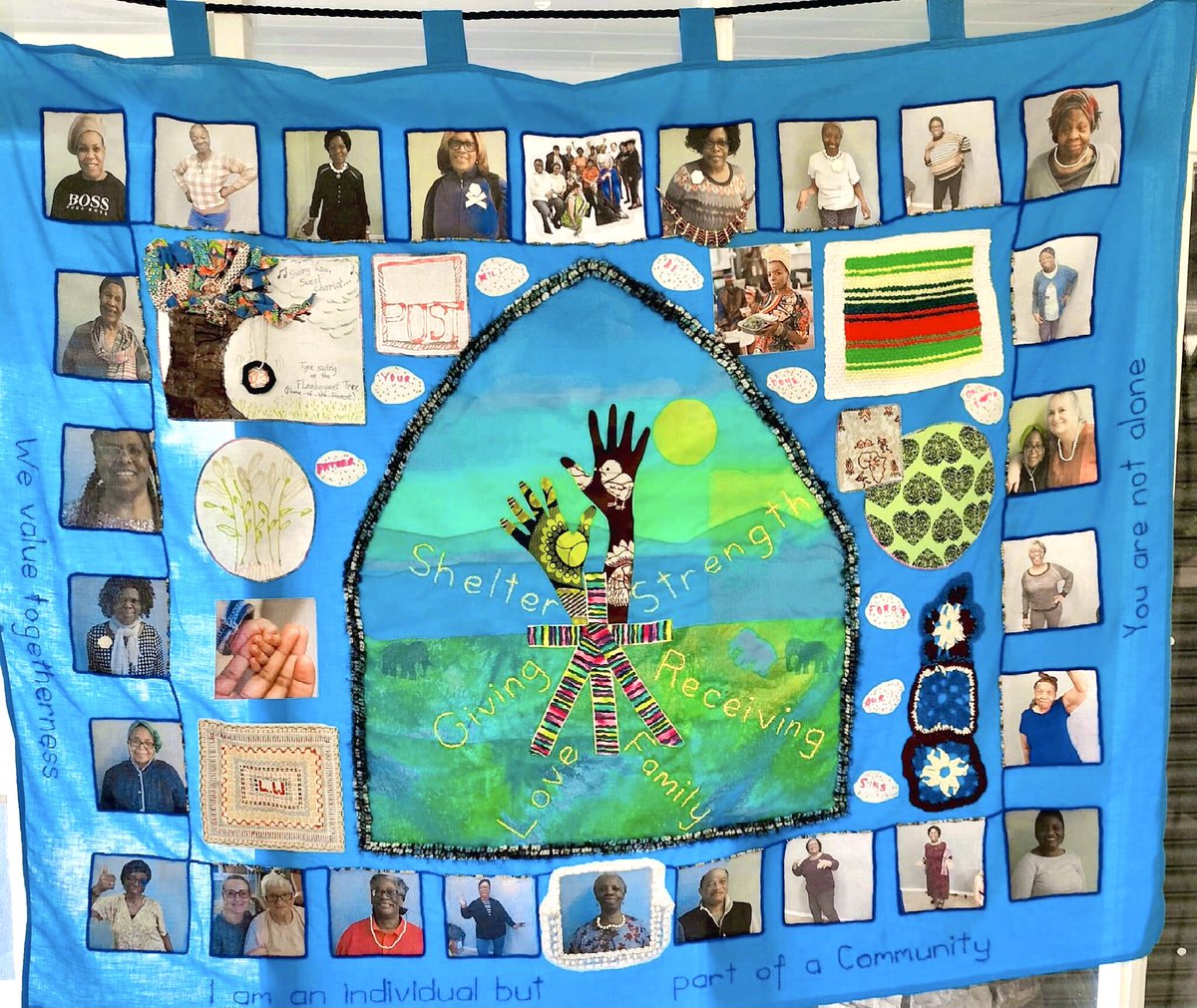 craftAcomm's tweet photo. CraftA Collaborate- The launch of the BHM WHO ARE WE banner,  with community participants average age 70 plus,  in workshops for BHM 365 23. CraftA commissioned by the Feelgood Centre as artistic facilitators. supported by RBG https://t.co/GuGSHsHaT2