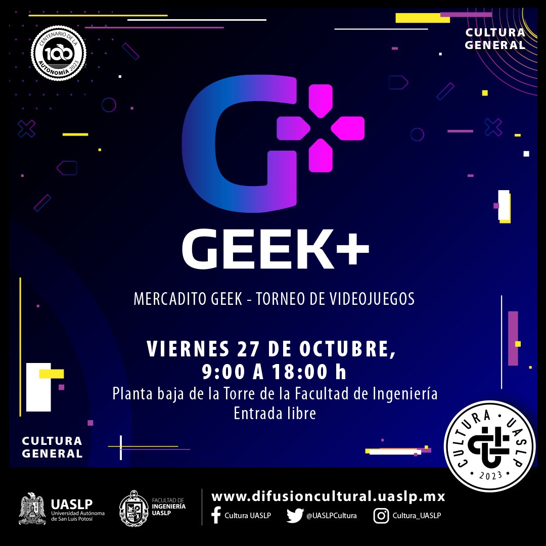 #BienvenidoOctubre 🌕

¡Atención Comunidad Geek! 👾🕹️
Todos invitados a la primera edición 𝗚𝗲𝗲𝗸+ en la que disfrutaremos de un Mercadito Geek + Torneo de videojuegos.

Octubre 27, 9:00 a 18:00h
Planta baja de la Torre de la Facultad de Ingeniería.
Entrada libre.