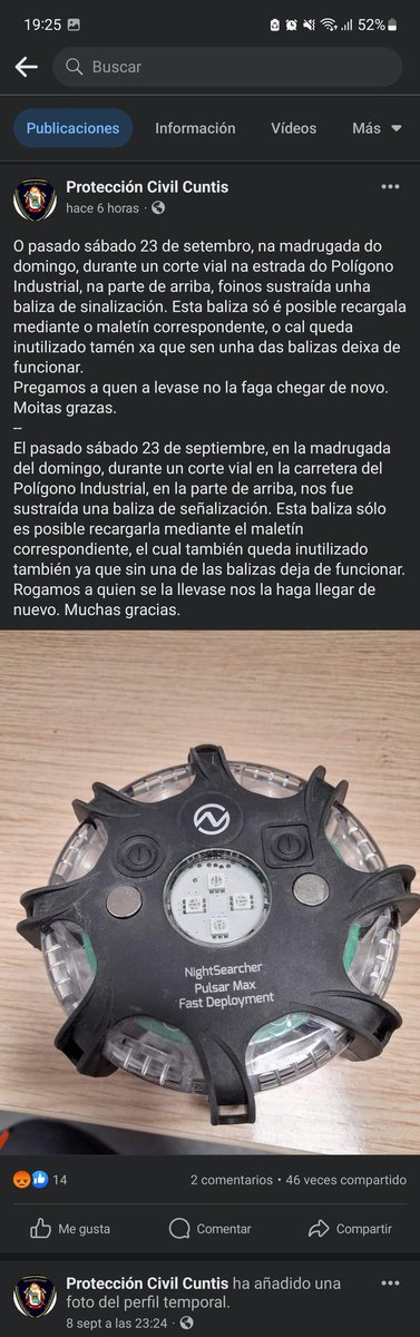 Sustraída una baliza de señalización a Protección Civil de Cuntis durante un corte vial.
Se agradece difusión.