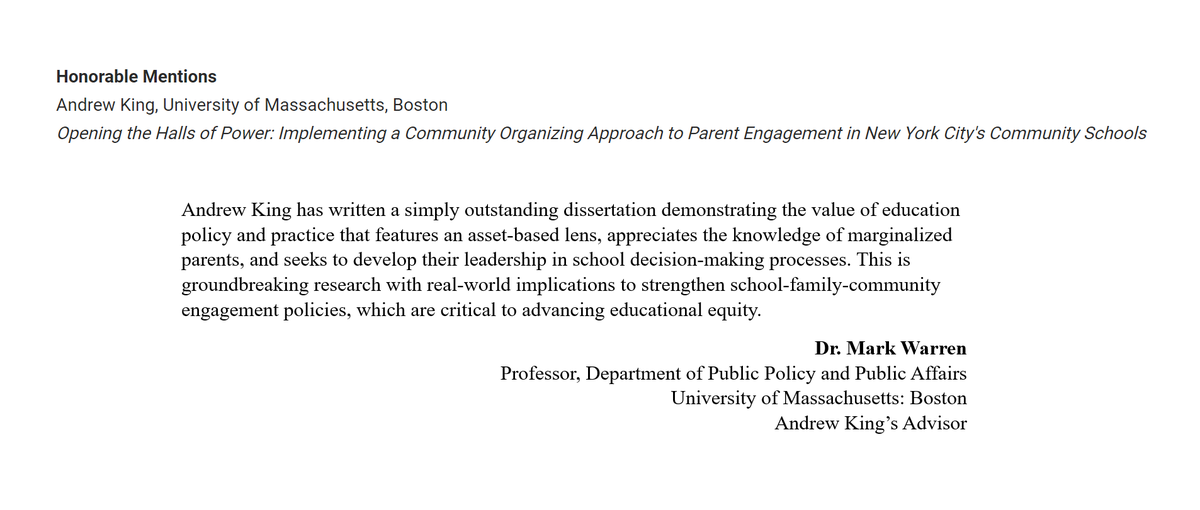 publicpolicyumb's tweet image. Congratulations to PhD in Public Policy student, Andrew King, for being selected as an honorable mention for the 2023 #APPAM PhD Dissertation Award! Dr. @mark_r_warren, King's advisor, comments on the award below.🎉@UMassBoston @APPAM_DC

Announcement: appam.org/about-appam/aw…
