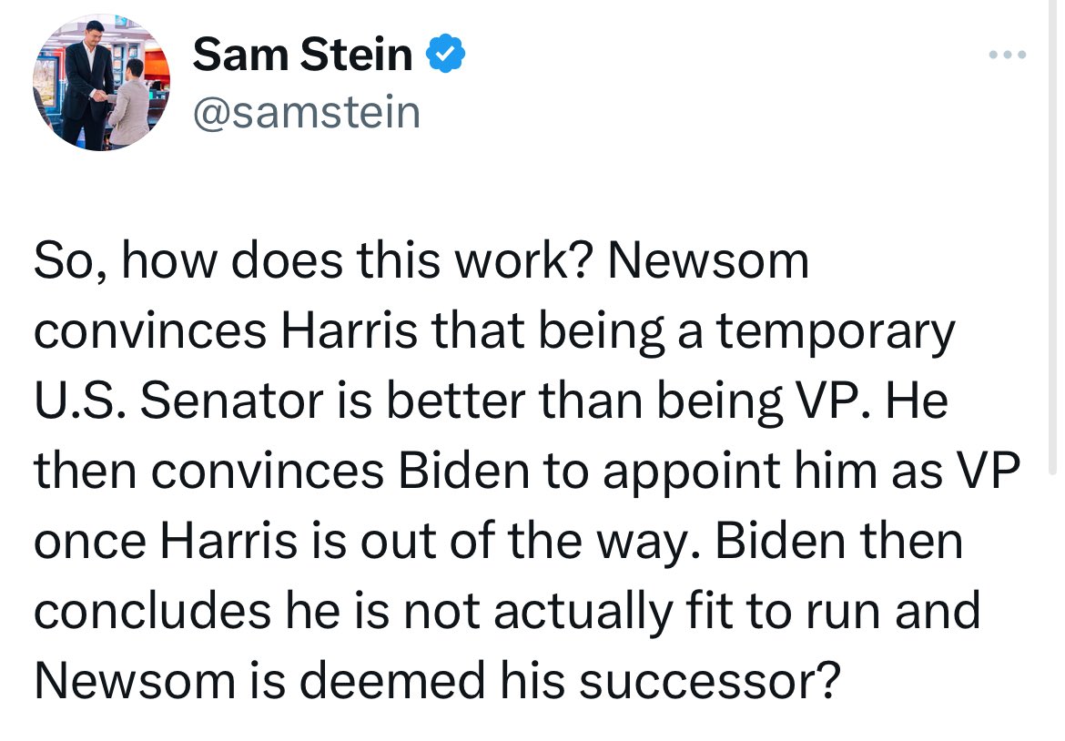 DamonMast's tweet photo. This Sam Stein comment on Diane Feinstein being replaced by Kamala Harris in the Senate may sound crazy to you and not expected from a professional journalist associated with #MSNBC, but then you realize itโs #SamStein and not a serious or professional journalist at all. @MSNBC https://t.co/ftPbQA4nq1