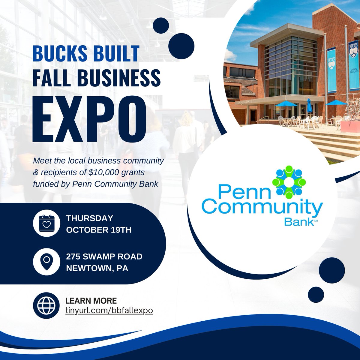 Join us on October 19th as we unveil the four local startups receiving $10,000 grants, made possible by <a href="/PennCommBank/">Penn Community Bank</a> and the Bucks County Industrial Development Authority.

Mark your calendar, and don't miss out—purchase your tickets today: tinyurl.com/bbfallexpo