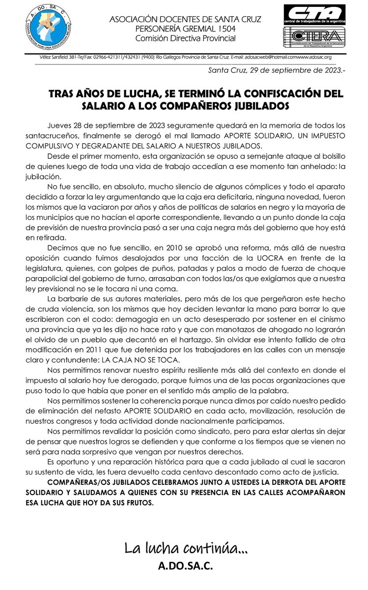 ADOSAC Provincial tweet media