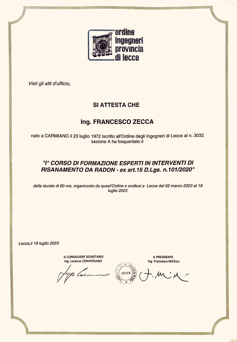 Esperto in interventi di risanamento da Radon - ex articolo 15 d.lgs. n. 101/2020.
Progettazione post analisi di sistemi e impianti per riduzione livelli di concentrazione presenza gas Radon, elemento cancerogeno, presente in ambienti di lavoro e non, in diverse zone geografiche.