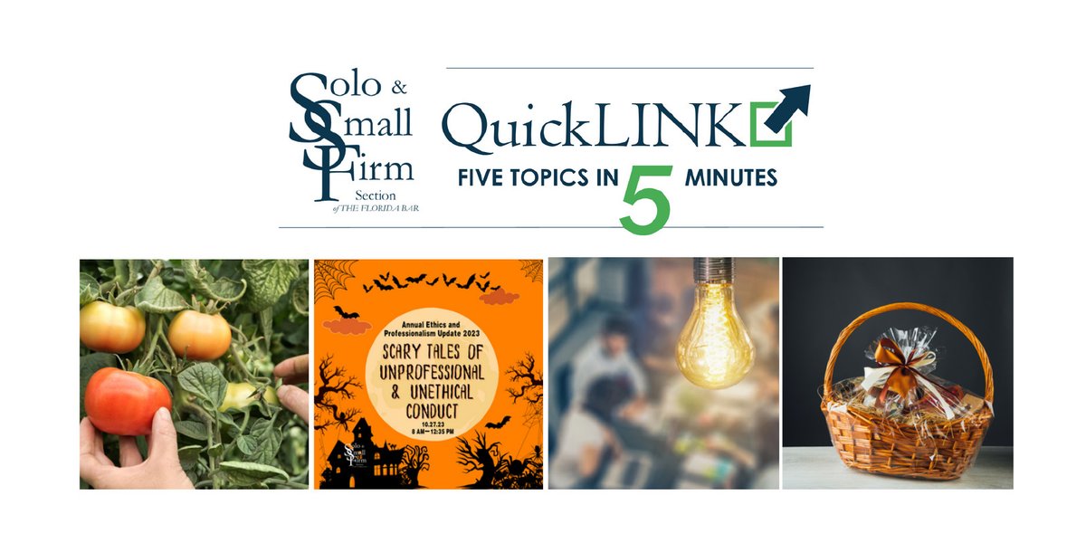 FLSoloSmallFirm's tweet photo. The latest @FLSoloSmallFirm QuickLINK is just out—resources, practice tips, and CLE for solo and small firm practitioners. In this issue: CLE (some free for SSFS members), info on section committee service and effective holiday gifting ... and more! https://t.co/5WUVsfHp0s https://t.co/B1VAPbS9iQ