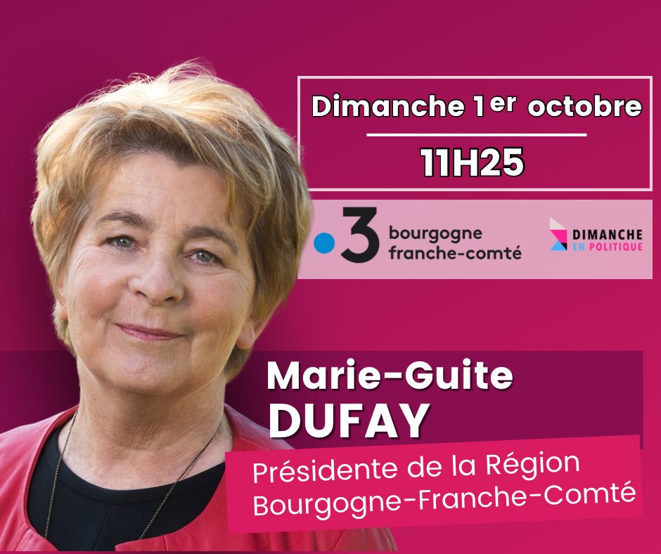 🎙️ Marie-Guite Dufay, Présidente de Région Bourgogne- Franche-Comté répondra aux questions de Vincent Thollet sur France 3 ce dimanche 1er octobre. 

⤴️ A partager !
#bourgognefranchecomte #politique