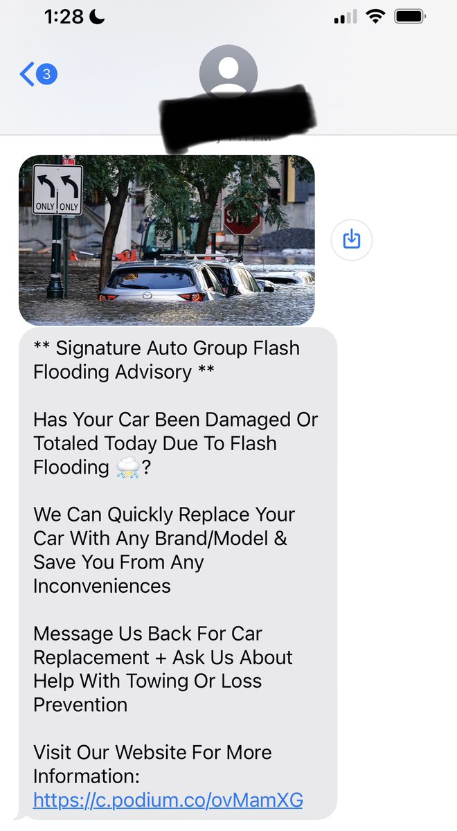 elspethjane's tweet photo. Hey Marketer, please don’t try and sell me something during an actual emergency situation, and especially while it’s still unfolding. Gross. (This is a text I just received from a car dealership.) 

#nyc #flooding https://t.co/Ekt9cxXSlb