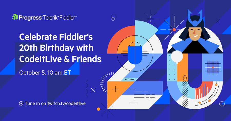 #Fiddler is turning 20 this October 🎉
We're kicking off celebrations with a livestream:
telerik.com/happy-20th-bir…

With <a href="/ericlaw/">🎻 ➡️ BlueSky</a> <a href="/RobLauer/">Rob Lauer</a> <a href="/boedie/">Robert Boedigheimer</a> <a href="/rosen_vl/">Rosen Vladimirov</a> <a href="/yaneva_simona/">Simona Yaneva</a> &amp; others.
Come hang with us | Thurs Oct 5
twitch.tv/codeitlive