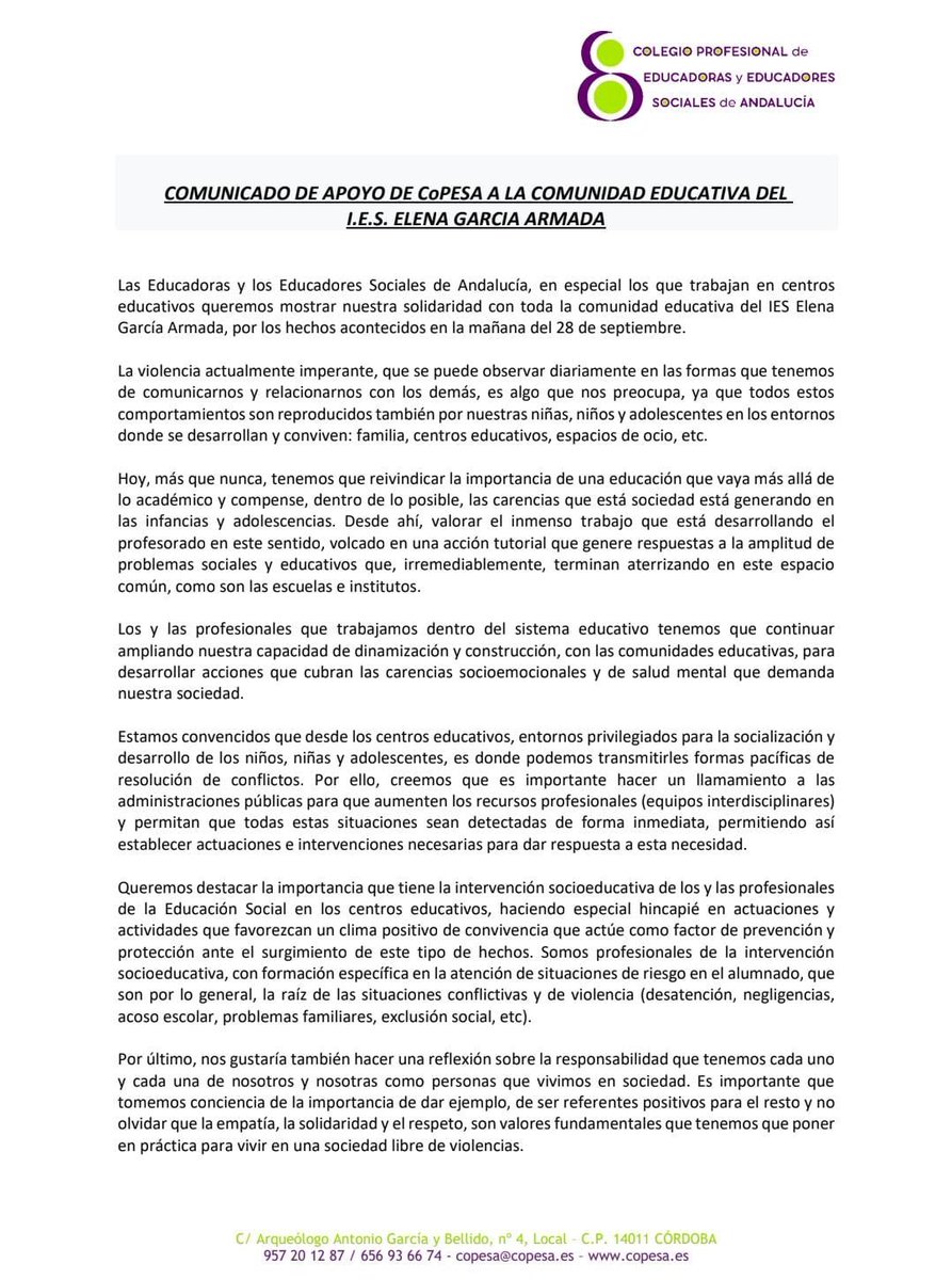 Comunicado de apoyo a profesionales y familias del IES Elena García Armada, de Jerez por parte de las personas que formamos parte del <a href="/Copesaeduso/">CoPESA</a> #EducacionSocial