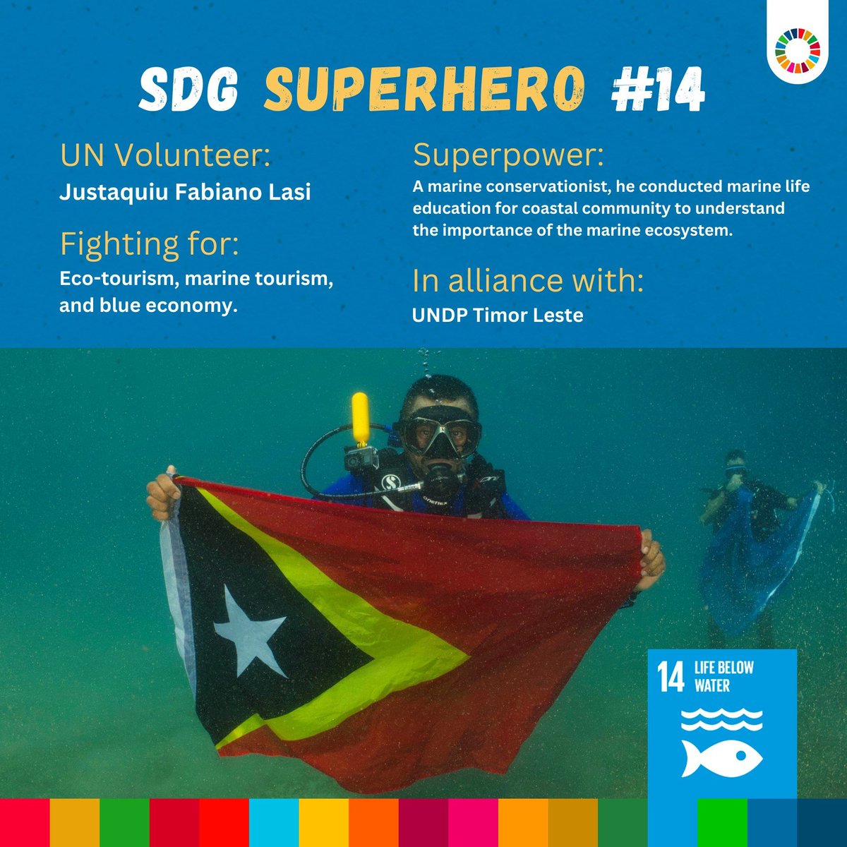 UNVAsiaPacific's tweet photo. Meet Justaquiu Fabiano Lasi, #SDGsuperhero by choice!

While serving with @UNDPTimorLeste, he dived under the water at Dili Rock Dive Site to stand in solidarity in promoting eco-tourism, marine tourism, and blue economy. #ActNow for #LifeBelowWater, https://t.co/4Rz8W316kr