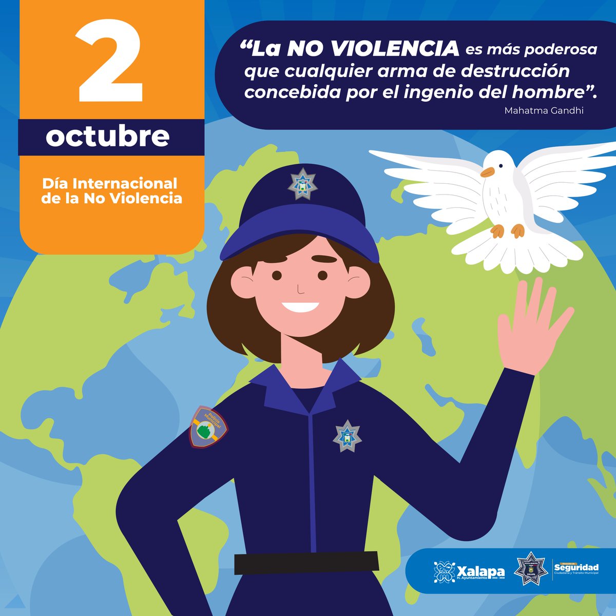 AytoXalapa's tweet photo. Hoy se celebra el Día Internacional de la No Violencia 🙅🏻 y se conmemora el aniversario del nacimiento de Mahatma Gandhi, líder del movimiento de Independencia de la India 🇮🇳 y pionero de la filosofía de la no violencia 🕊️.

#TrabajoYTransparencia
#SeguridadXalapa
#DSCYTM
#Xalapa https://t.co/sXnIuK0amP
