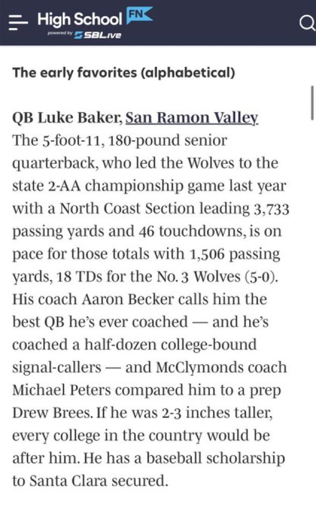 Lbaker_5's tweet photo. Thank you @SBLiveCA for the Recognition as an Early Favorite for NorCal Player of the Year ! @SRVFootball @KTPrepElite @MitchBookLive @LanceSmithTPC @SBLiveSports @srvathboosters @CalHiSports https://t.co/90WQ2SeIhH