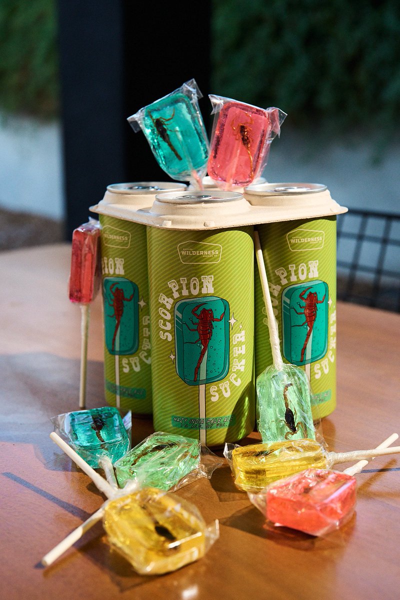 AZWildernessCo's tweet photo. Hawaii has the chocolate-covered macadamia nut. Maine has the whoopie pie. And Arizona? Arizona has the scorpion sucker.

Inspired by the iconic candy of the Southwest, Scorpion Sucker is a hazy IPA with lollipop-like fruit flavors. In cans + on draft at both taprooms now. https://t.co/DebLbTZuOg