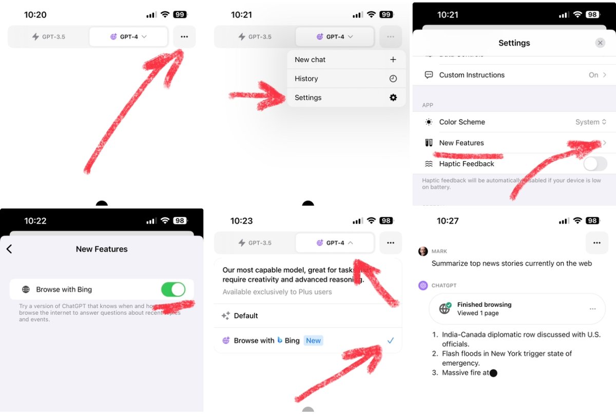 MarkErickson's tweet photo. Great to see web browsing now back in #ChatGPTPlus - 6 steps to turn on in the #ChatGPT #iOS app https://t.co/CrWmvJjJEK