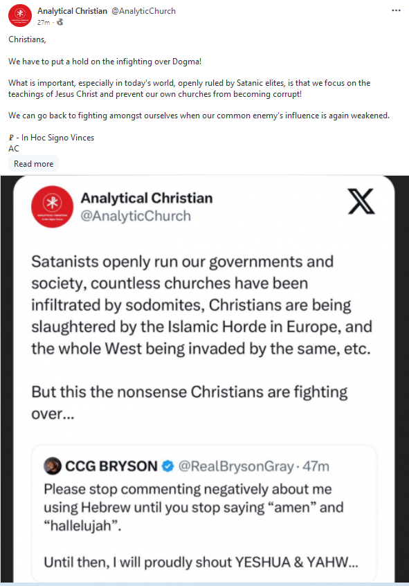 AnalyticChurch's tweet photo. Christians,
We can go back to fighting amongst ourselves when our common enemy's influence is again weakened.
#Christianity #WesternCivilization #Capitalism #RedBeast #Communism #Socialism #Globalism #RedPill #Catholicism #Synod #Protestant #LGBTQ #Woke #Judaism #Islam https://t.co/fX2isaqRt9