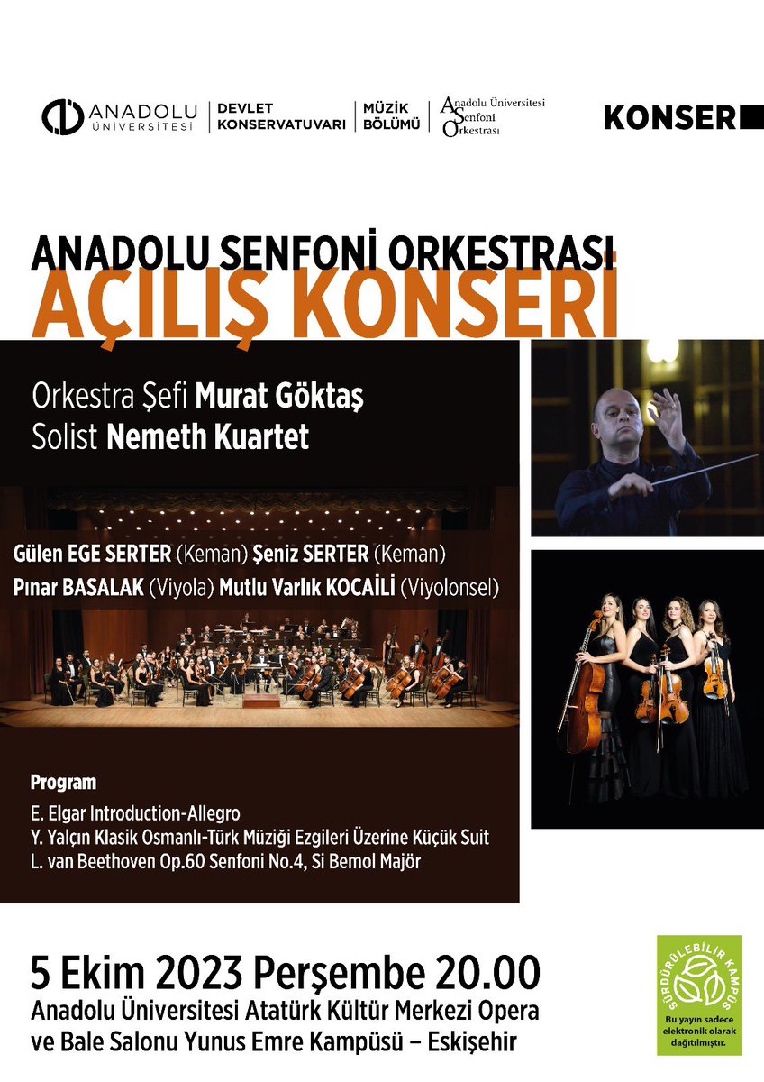 10. yılımızın ilk konserini Anadolu Üniversitesi Senfoni Orkestrası ile birlikte vereceğiz🎻 Sevgili Eskişehir dinleyicilerini ve yolu Eskişehir’e düşenleri bekliyoruz🎻🎶<a href="/NemethQuartet/">NEMETH QUARTET</a> <a href="/goktasmurat79/">Murat Goktas</a> <a href="/anadolusenfoni/">Anadolu Senfoni</a> @pinarbasalak <a href="/KKocaili/">Mutlu Varlık Kocaili</a> #senizserter #gulenegeserter