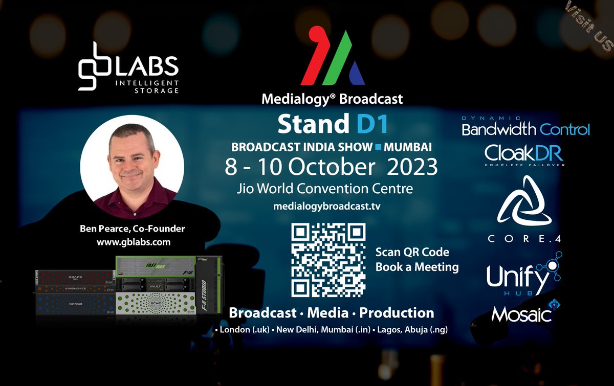 Book a Meeting with Ben Pearce and learn more about GB Labs products at Medialogy® Broadcast -Stand D1 - Broadcast India Show gblmeetings.medialogybroadcast.tv

#bishow2023 #broadcastmedia #fastnas #space #GBlabs #ottplatform #productionstorage #mumbaiexpo #medialogy #tvproduction #saarc