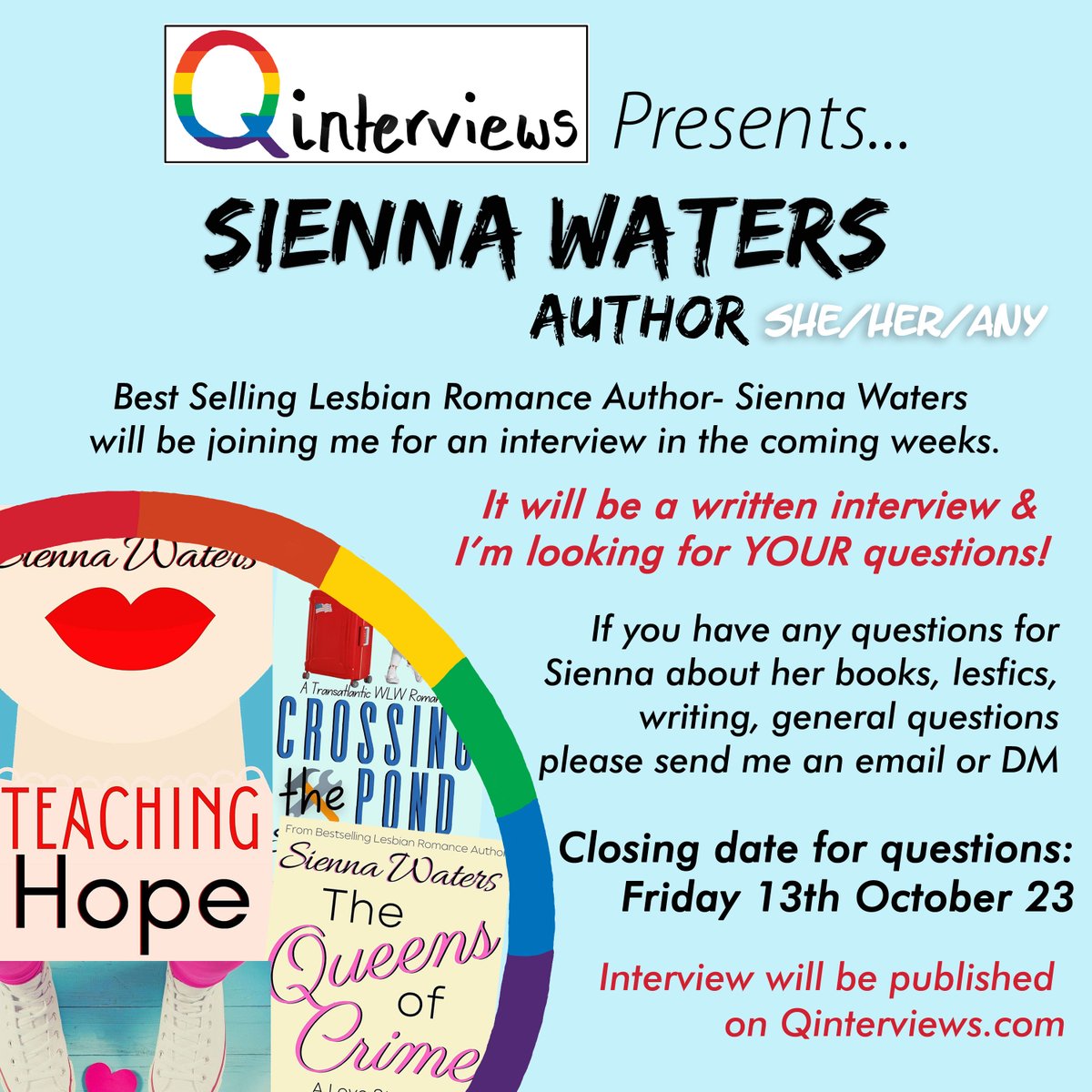 qinterviews's tweet photo. #Qinterviews is honoured to have Best Selling Lesbian Romance Author Sienna Waters join us for an interview!
@WatersSienna will be doing a written interview and we'd like YOUR questions!
Email or DM me to have the chance to have your question chosen! https://t.co/sv6HSNI9PK