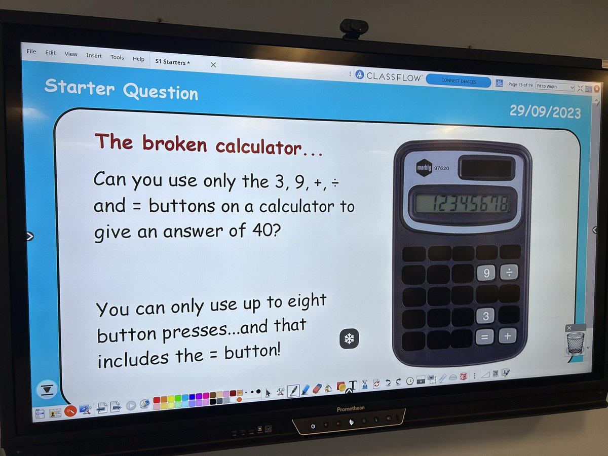 MrStoddartMaths's tweet photo. A bit of #MathsWeekScot fun for 1M1 today by solving the broken calculator problem from the 2019 challenge archive. Amazing effort to find 4 different methods but what are they? @mathsweekscot @SCHSMaths @_stcolumba https://t.co/X7VWdkxWZx